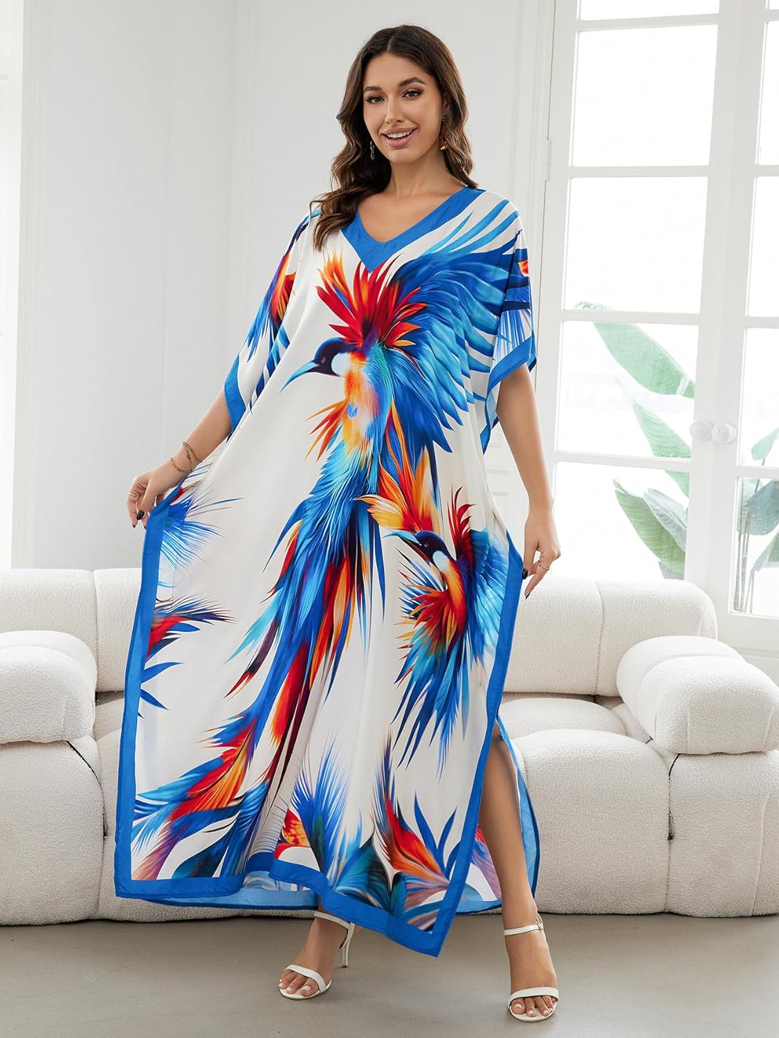 Women's Plus Size Loose Fit Moroccan Print V-Neck Batwing Kaftan Beach Dress Bathing Suit Cover Up - Image 3