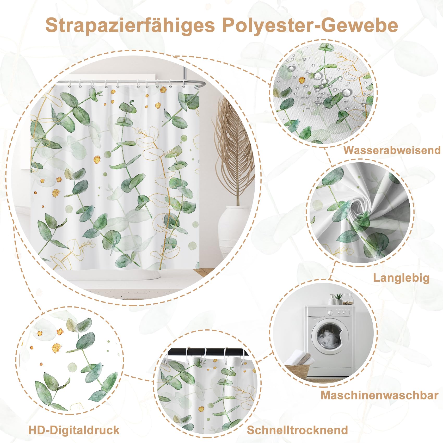 Botanischer Duschvorhang Schwarz-weiß | 183x183 Cm, Wasserabweisend, Mit 12 Haken, Pflanzen-Muster