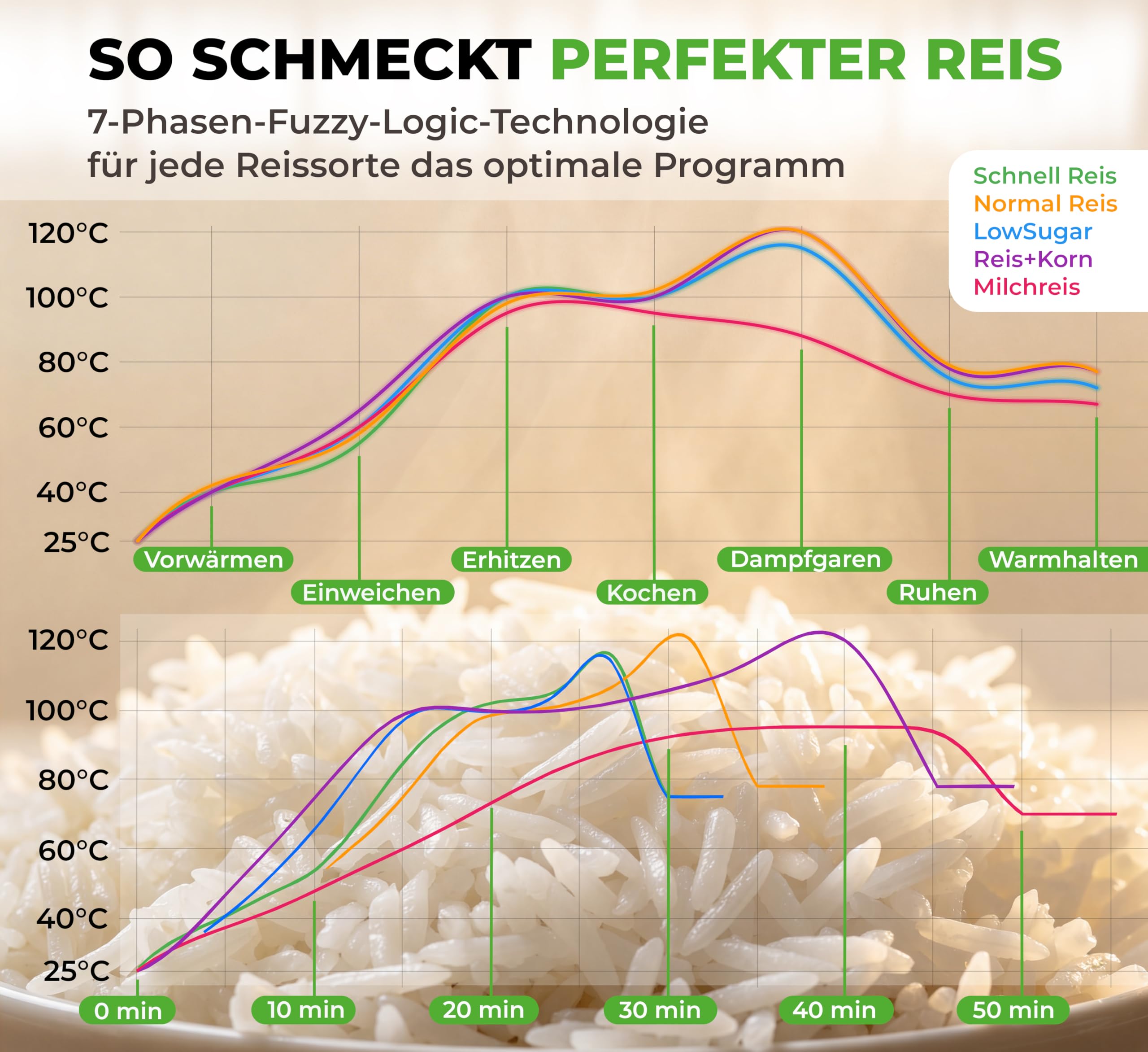 Mini Reiskocher kleiner Multikocher 0,8L 3,5 Cup/1-4 Portionen, 10 Programme für ALLE Reissorten inkl. stärkereduzierter Basmati Vollkorn Getreide Dampfgarer Brei Suppe Schmoren (cremeweiß, 0,8 Liter)
