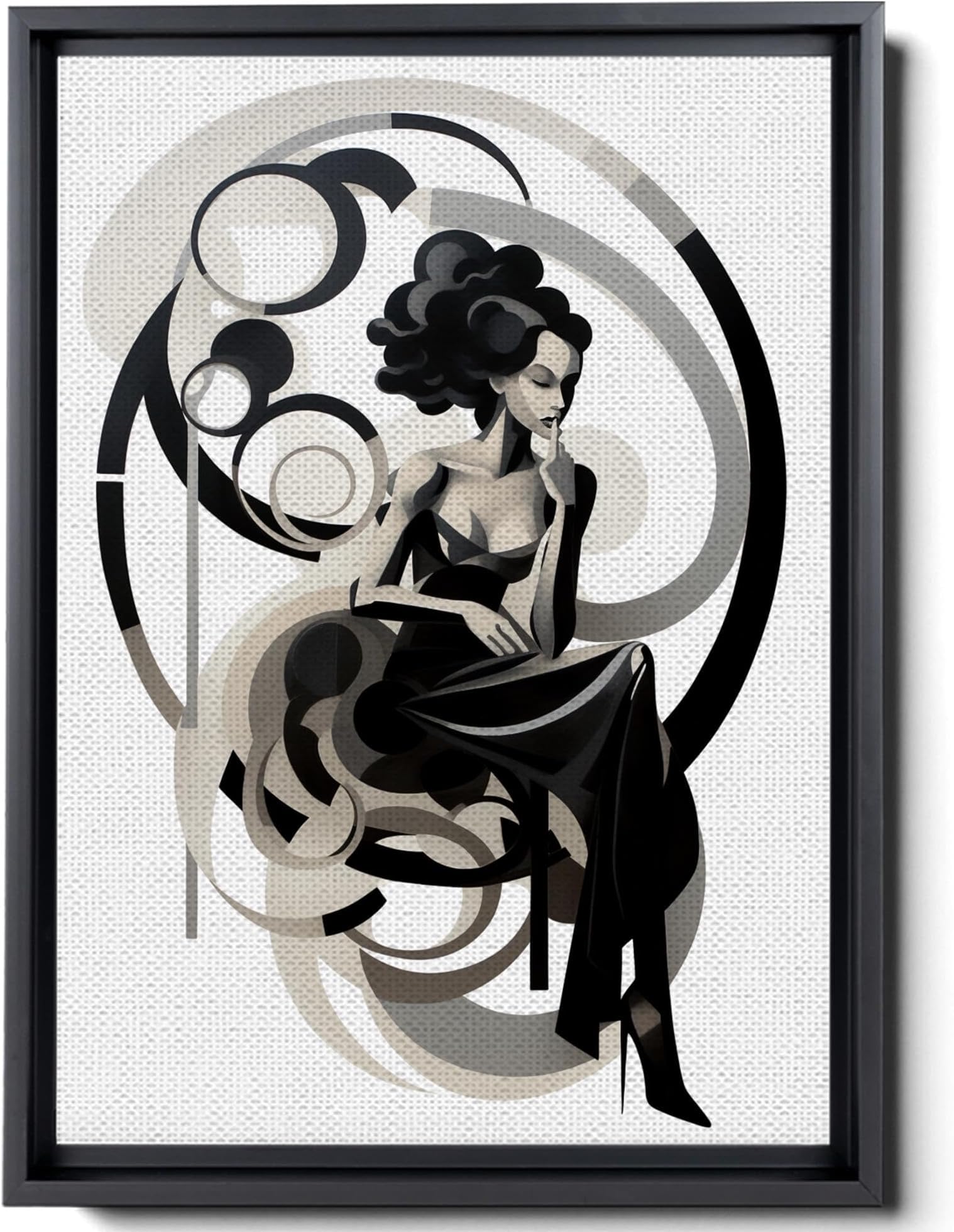 A Gray And Black Image With A Woman Sitting On Top, In A Graceful Curve Style, Graphic, Stylized Forms, Bold Curves, Light Beige And Black, Loose Gestures, Wall Art