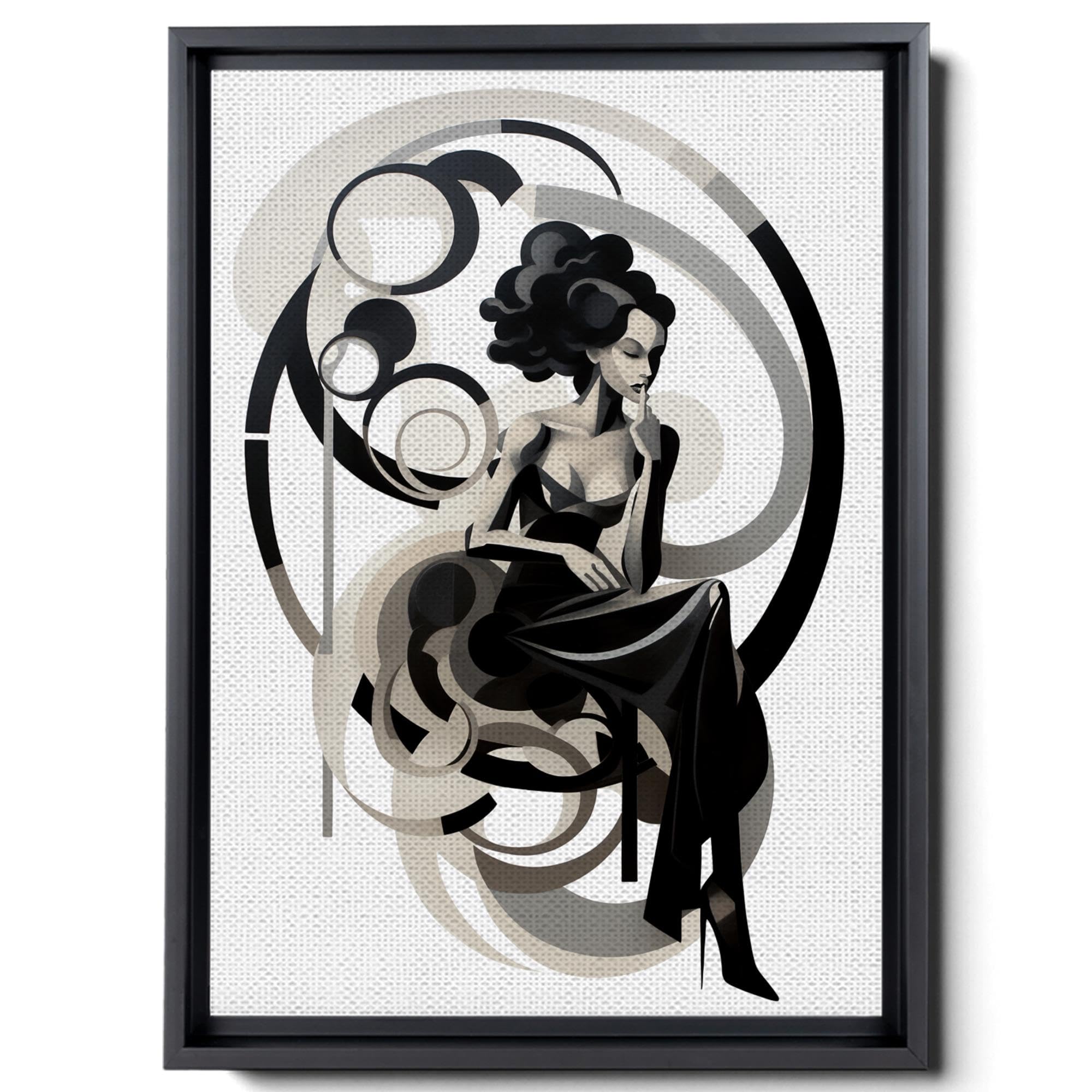 A Gray And Black Image With A Woman Sitting On Top, In A Graceful Curve Style, Graphic, Stylized Forms, Bold Curves, Light Beige And Black, Loose Gestures, Wall Art