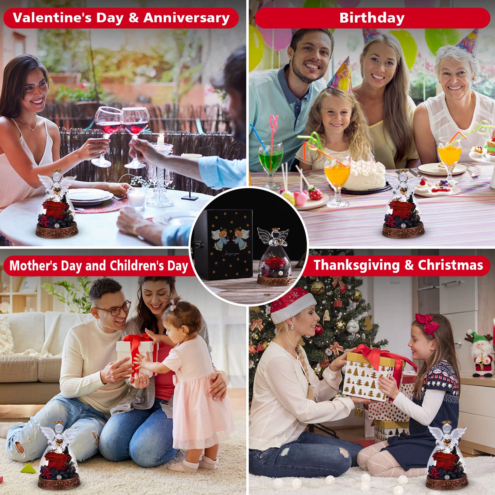 Angelo regalo per donne, mamma, nonna, vera rosa conservata in vetro, angelo con luce LED, regalo di rosa per festa della mamma, Natale, compleanno, San Valentino (rosso)