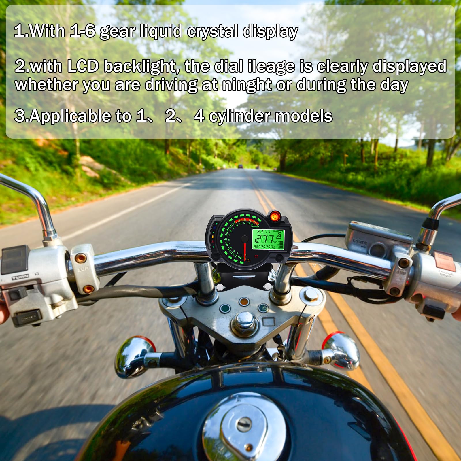 Geloo Compteur de vitesse universel pour moto 7 couleurs, 14000 tr/min écran LCD numérique RX2N Odomètre Compteur de vitesse Instrument réglable Odomètre Tachymètre avec capteur de vitesse 0–299 km/h