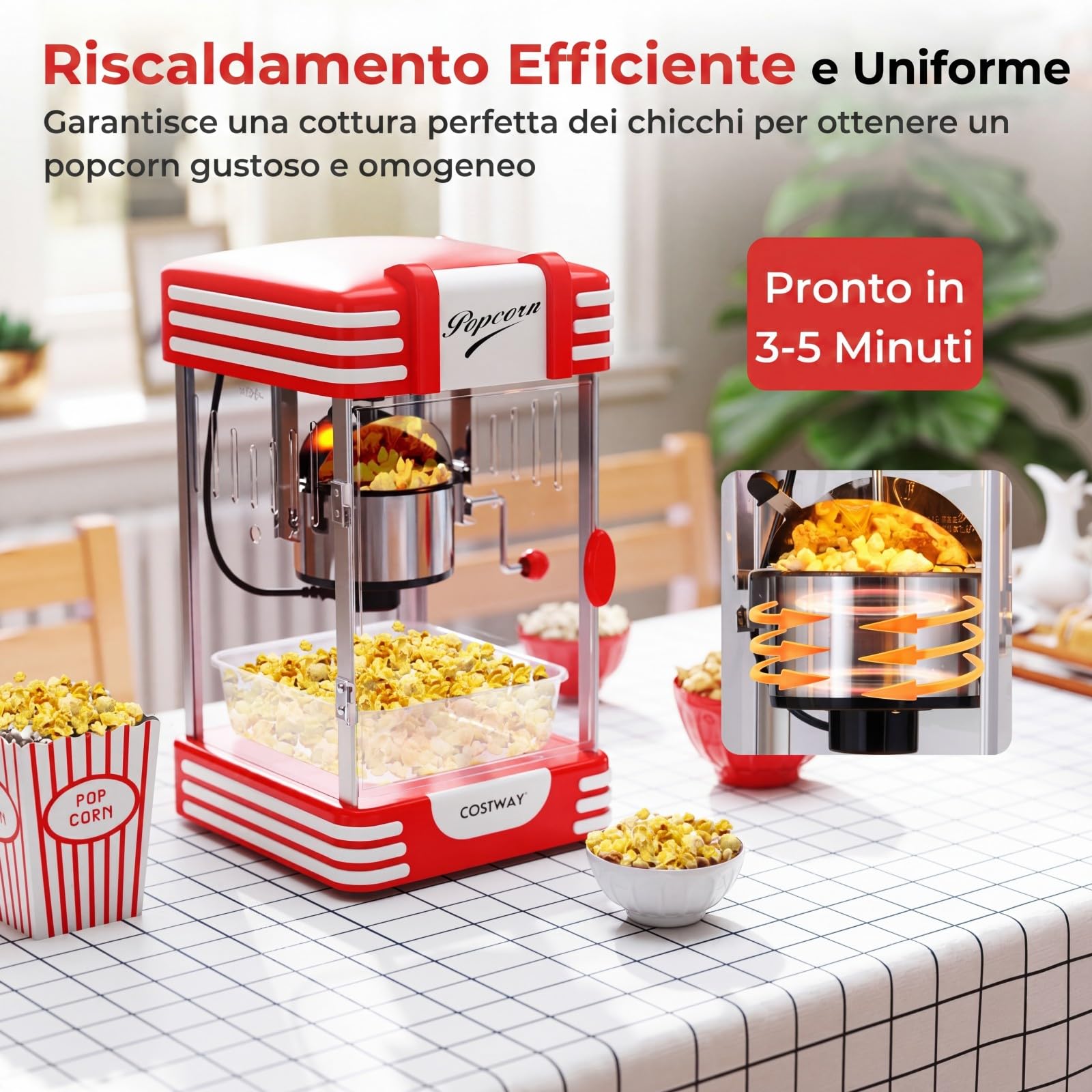 COSTWAY Macchina Pop Corn per Casa in Acciaio Inox, Cottura in 3-5 minuti