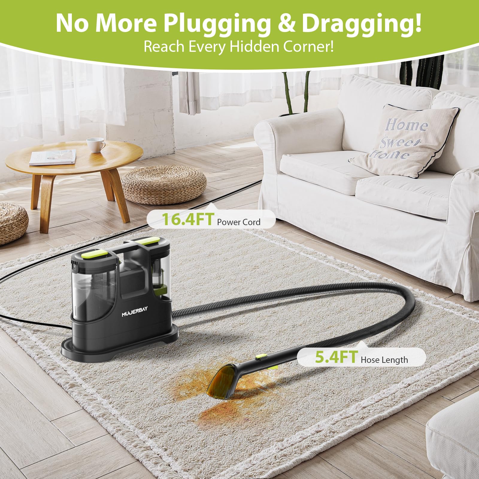 Carpet Cleaner Shampooer MUJERBAY 15Kpa Portable Spot and Stain Cleaner Easy Move with Handle 1 5-inch Deep Cleaning