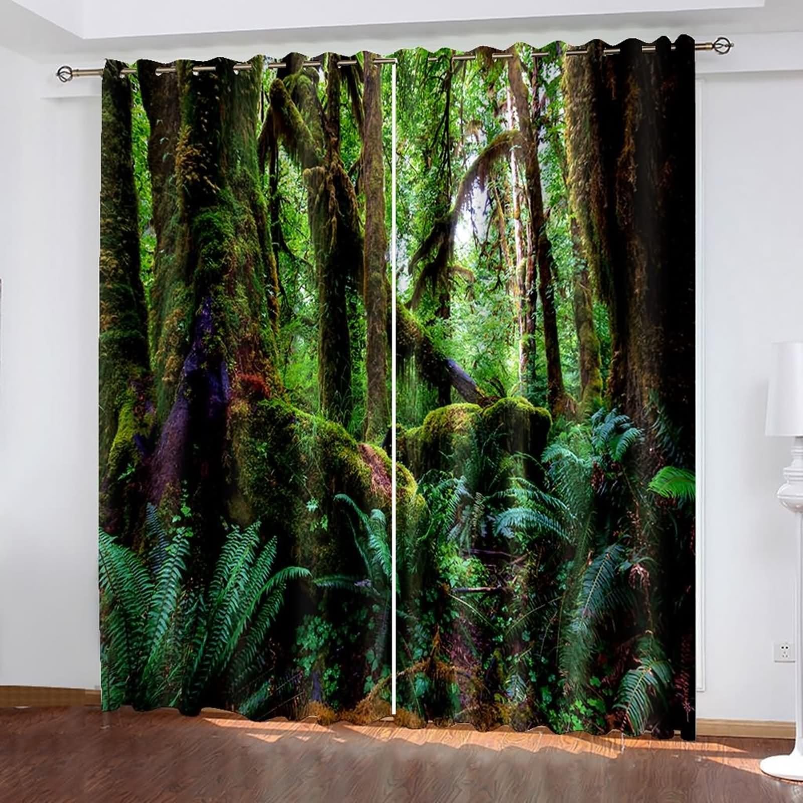 Cortinas verdes de paisajes naturales en poliéster para sala, 2 paneles