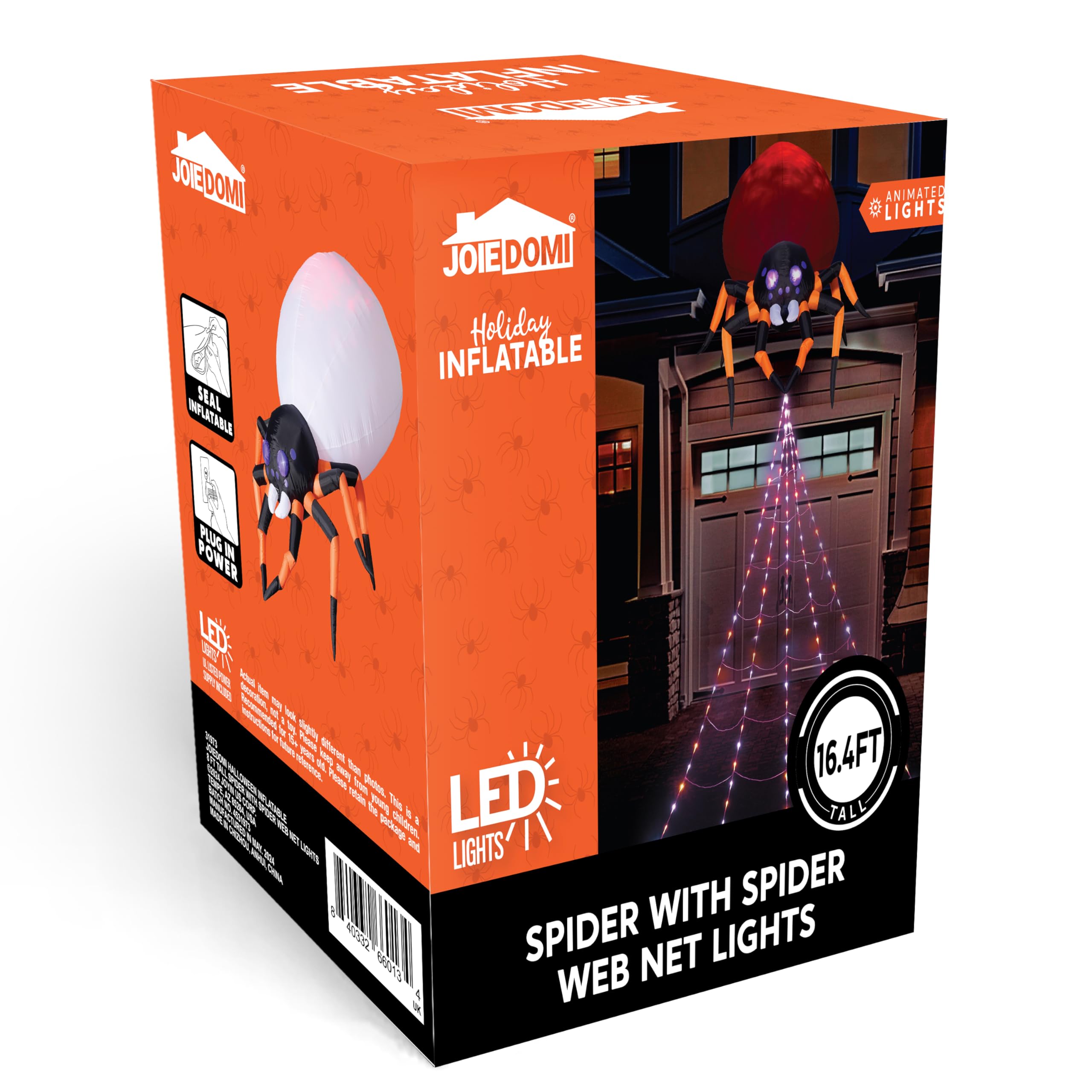 JOIEDOMI 8 Fuß aufblasbare, hängende Halloween-Spinne mit Spinnennetz-Lichtern und eingebauten LEDs. Ideal als Party-Dekoration für Halloween drinnen und draußen im Hof, Garten oder auf dem Rasen.