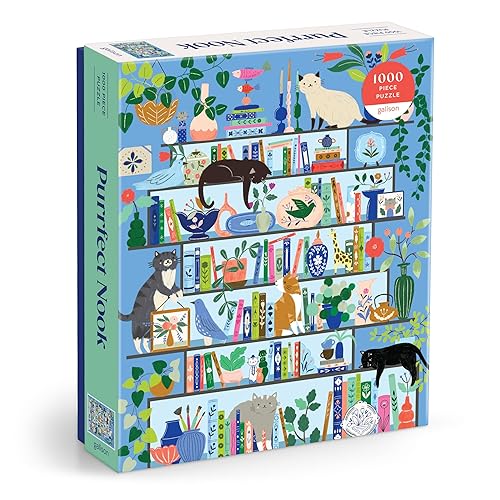 Galison Purrfect Nook – 1000 Piece Jigsaw Puzzle Featuring Artwork of A Lively Cozy Shelf Made for Bibliophiles and Cat Lovers Alike