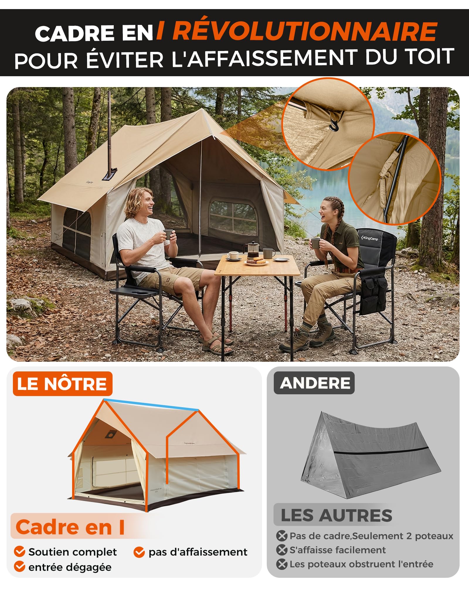 KingCamp 4-5 Personnes Tente,8㎡ Tente Maison avec cheminée & Port AC – Tente imperméable 210g TC, 2 Portes 4 Fenêtres – Tente 4 Saisons en Tissu Ignifuge, pour Camping Familial, Glamping Festivals