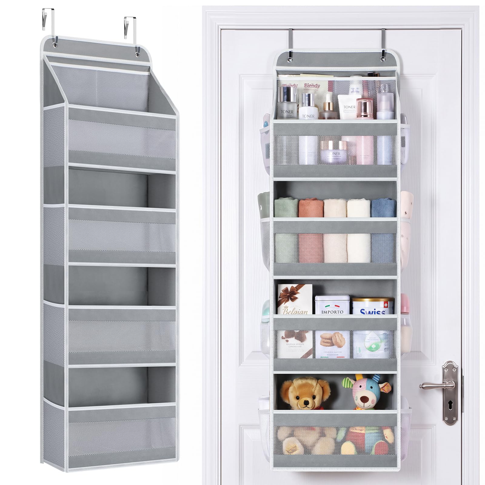 Yecaye 4 Tier Over Door Storage Organiser, Mesh Windows, Grey