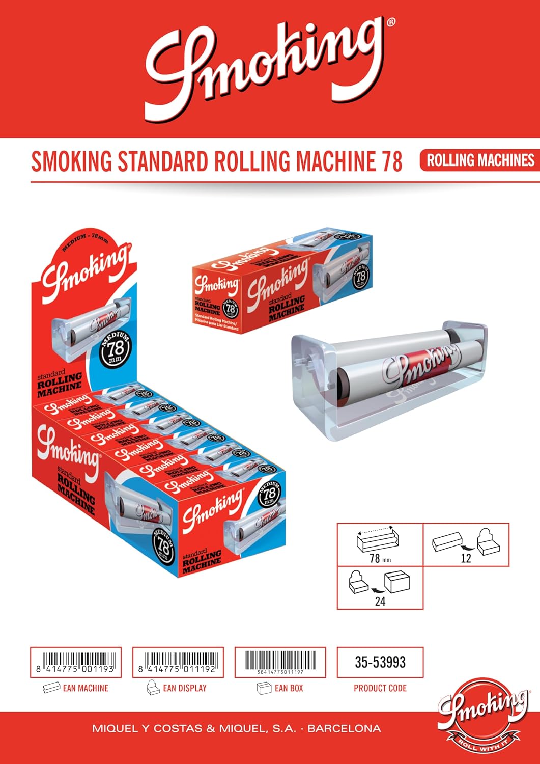 Smoking - Plastic Handheld 1 1/4" (78mm) Rolling Machine - 1 Display Case with 12 Rolling Machines