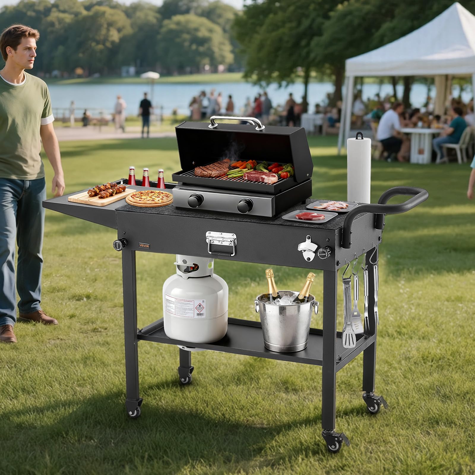 VEVOR Desserte de Jardin pour Plancha Pliable, Chariot de Barbecue Plan de Travail 78,7x43,2 cm, pour Préparation de Cuisine BBQ Extérieur, avec Porte-essuie-Tout, Crochets et Tablette Latérale
