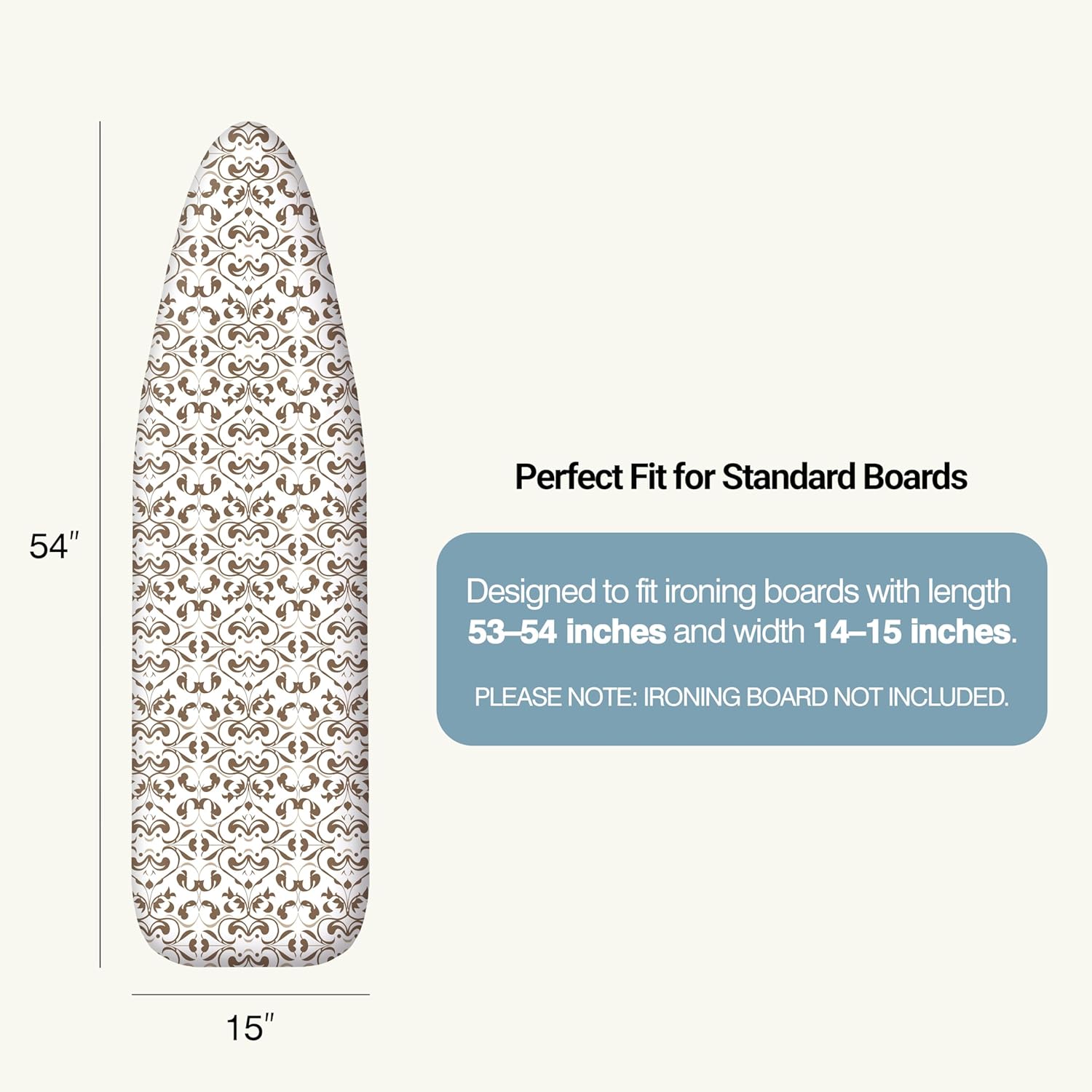 ironing board cover and pad 15"x54" extra thick natural cotton, scorch and stain resistant padding, standard size iron board cover with fasteners heavy duty elastic edge, heatproof taupe taupe 15" x 54"