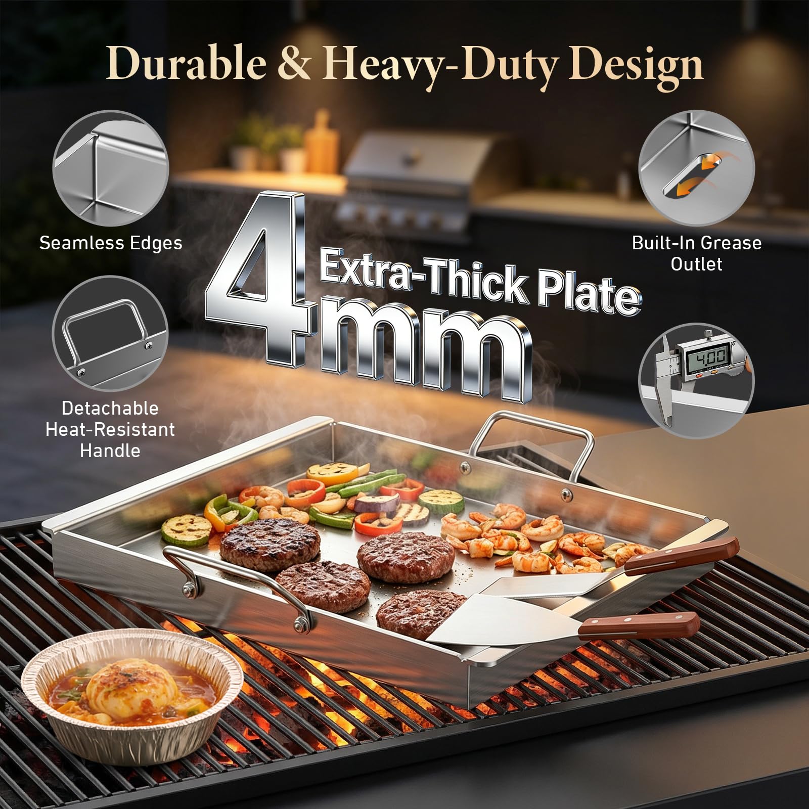 Piastra per barbecue in acciaio inox, 40 x 30 x 4 cm, con 2 manici in legno resistenti al calore, spatola con beccuccio per grasso integrato, piastra da 4 mm di spessore, per barbecue
