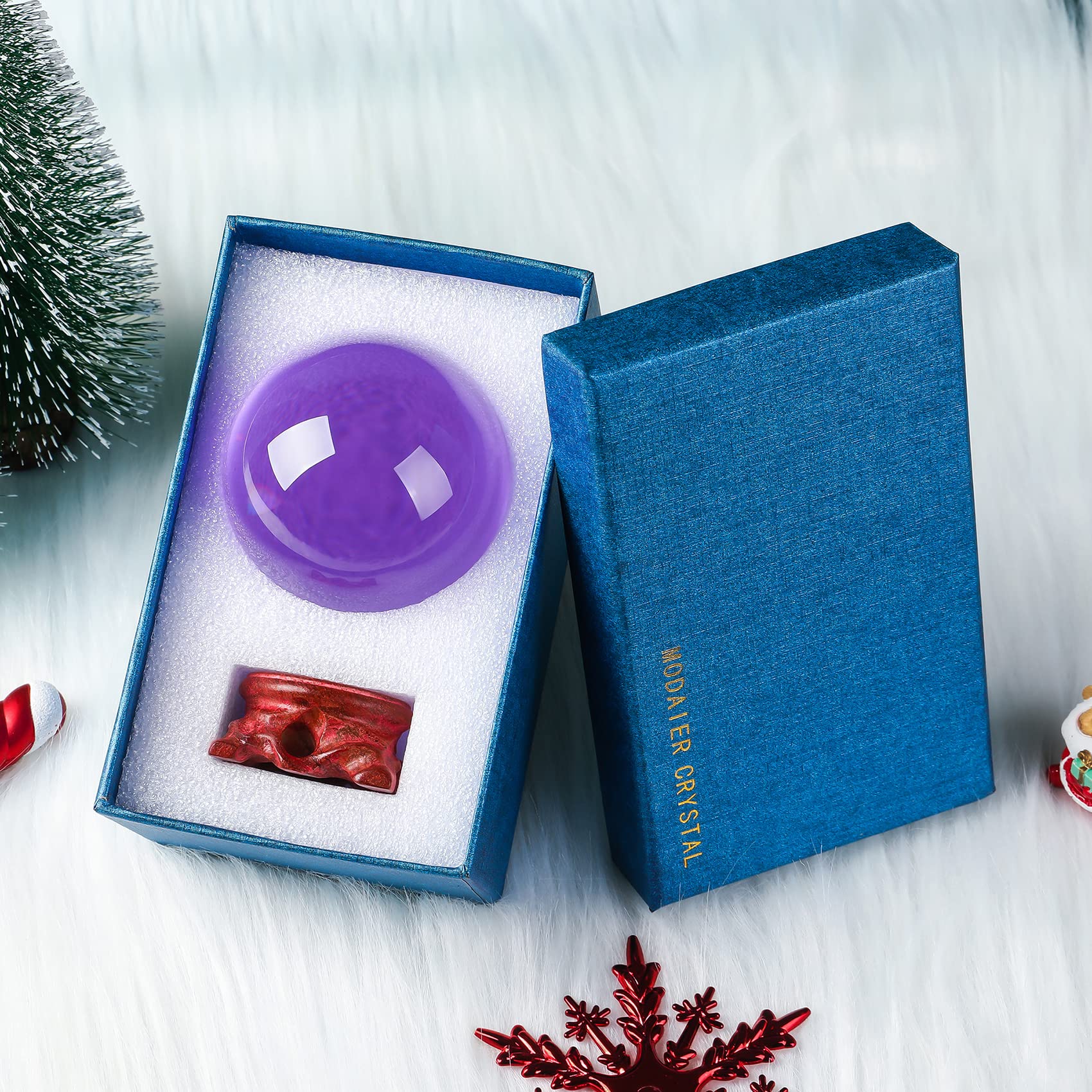 Modaier Sfera di cristallo viola da 80 mm con supporto in legno e confezione regalo per magia, fotografia con lenti, decorazione per la famiglia, indovino, Feng Shui, stregoneria, stregoneria,
