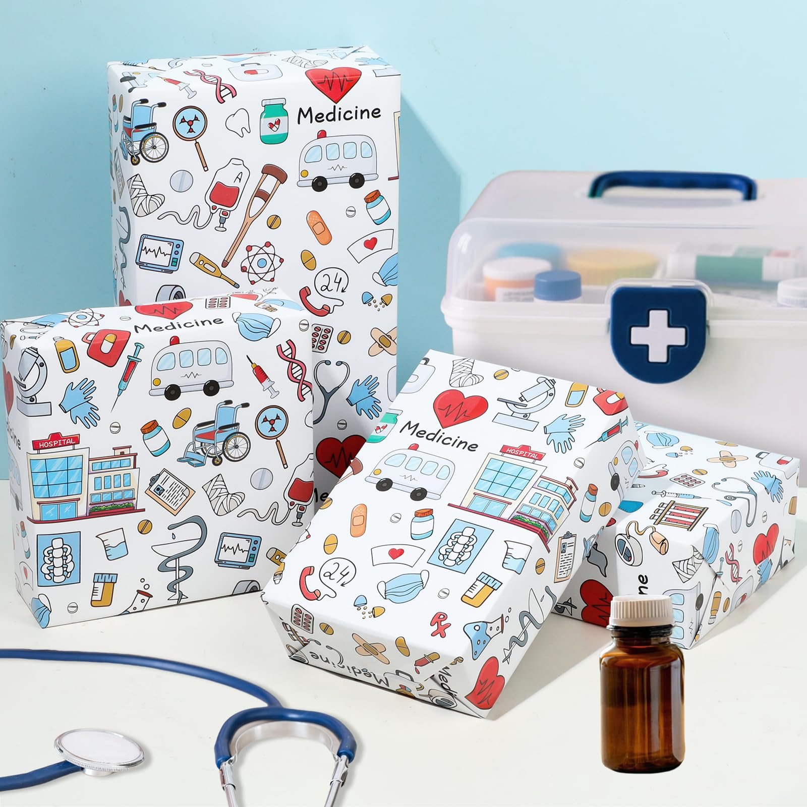 1 rolka medycznego papieru do pakowania - Doctor Nurse Hospital tematyczne opakowanie prezentowe na imprezy służby zdrowia, ukończenie szkoły, emeryturę, 43 cm x 497 cm