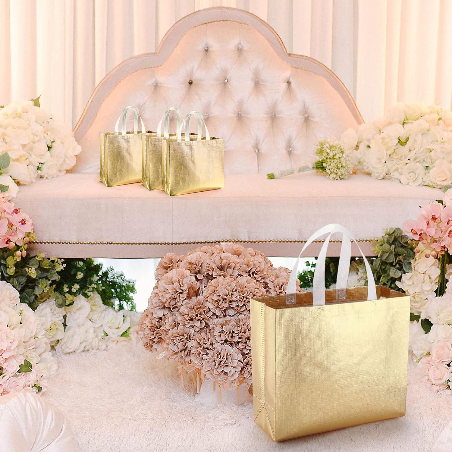 Epakh 48 Pcs Reusable Gift Bag with Handle Reusable Gold Grocery Tote Gift Bag Bulk Non Woven Glossy Bridesmaid Tote for Wedding Christmas Baby Shower Birthday Party(Gold) - Image 6