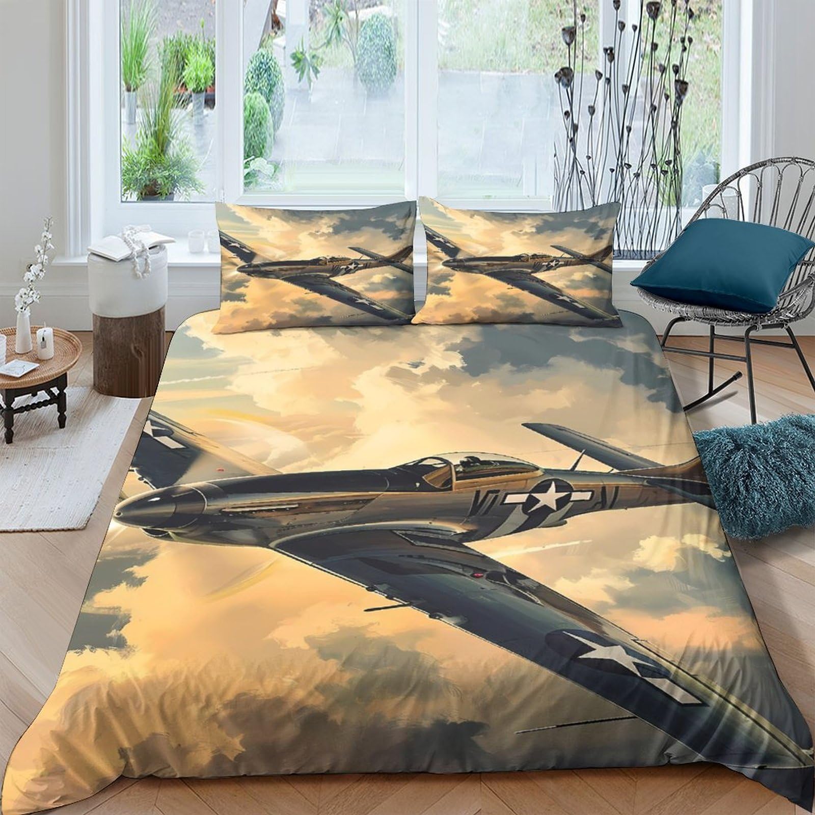 Ctjqhvkz Style-6 3D Printed Vintage Aircraft Fitted Sheet Microfiber Soft Breathable Sunset Sky Bed Cover For Bedroom Guest Room Decor Single（135X200cm）