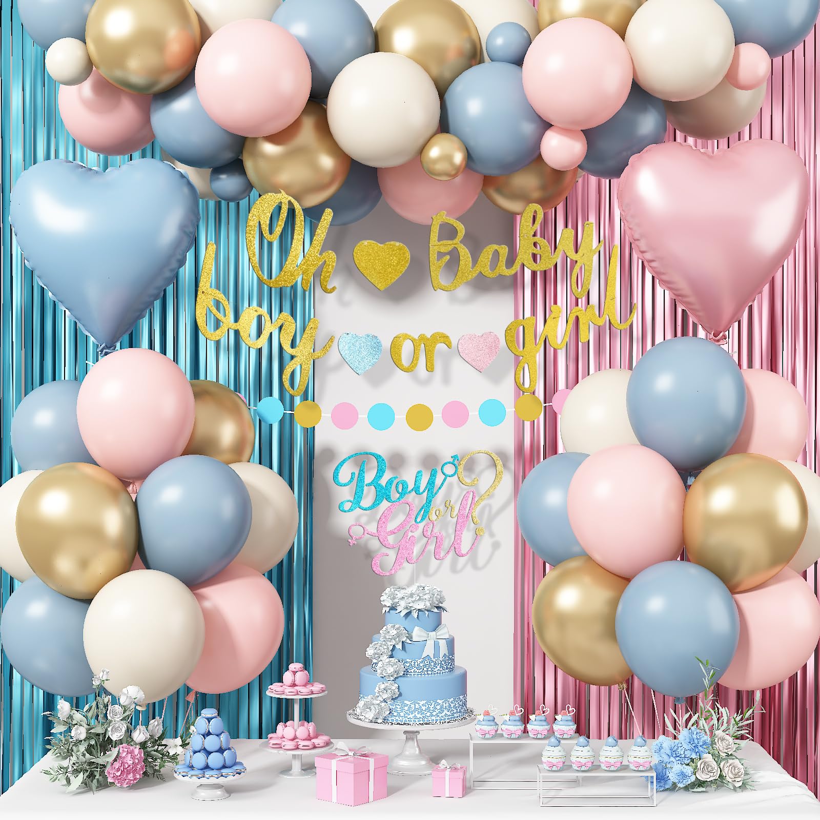 Boy or Girl Gender Reveal Decorations, Dusty Pink Blue Sand White Gold Latex Foil Balloon Oh Baby Banner Boy or Girl Cake Topper Fringe Curtain for Boho Baby Shower Gender Reveal Party Decoration — image 1