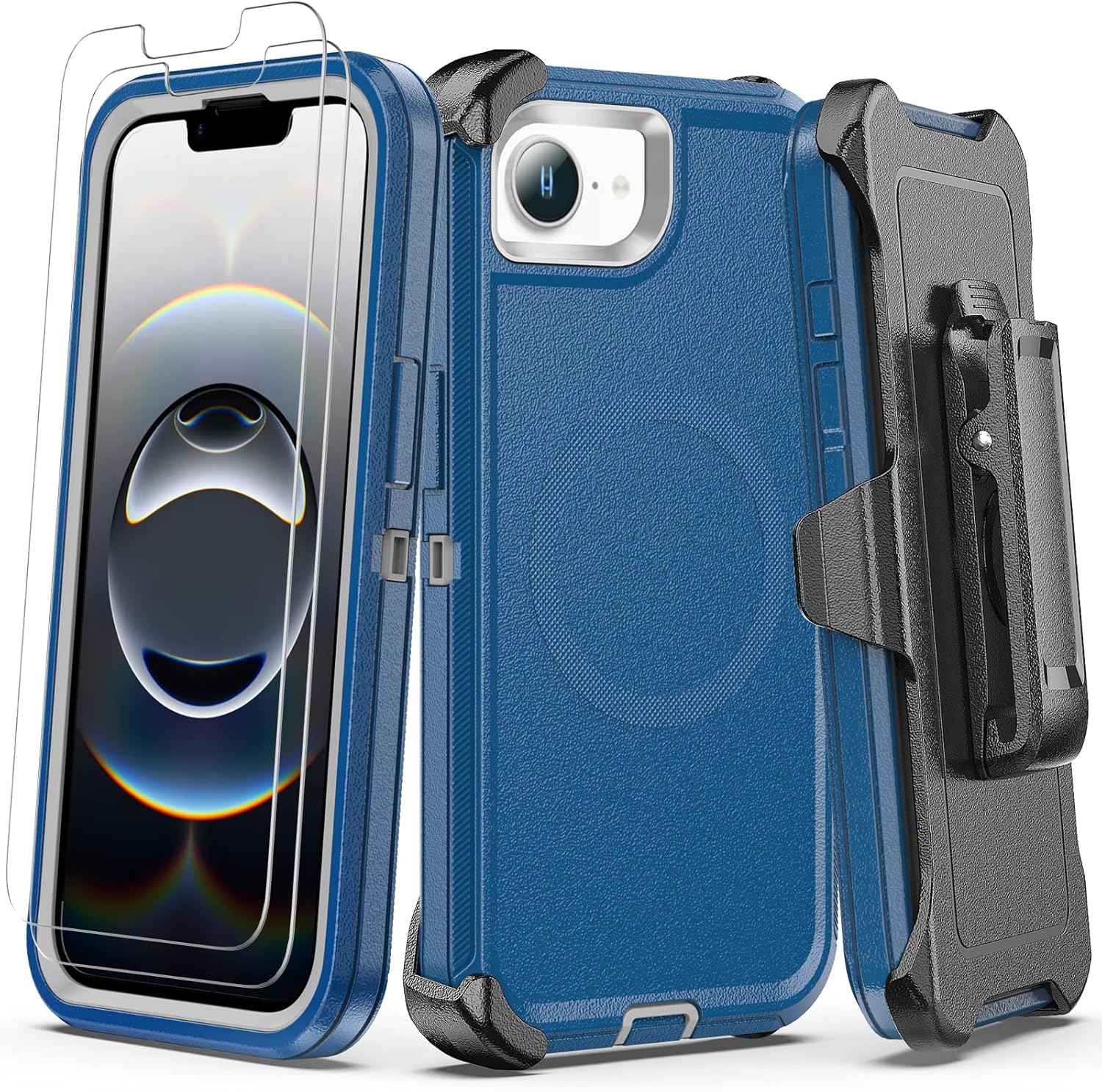 for iPhone 17e / 16e Case with Belt Clip Holster, [Compatible with Magsafe] [2X Screen Protector] Military Grade Shockproof 3-Layer Protection, Heavy Duty Magnetic Phone Case Cover (Blue)