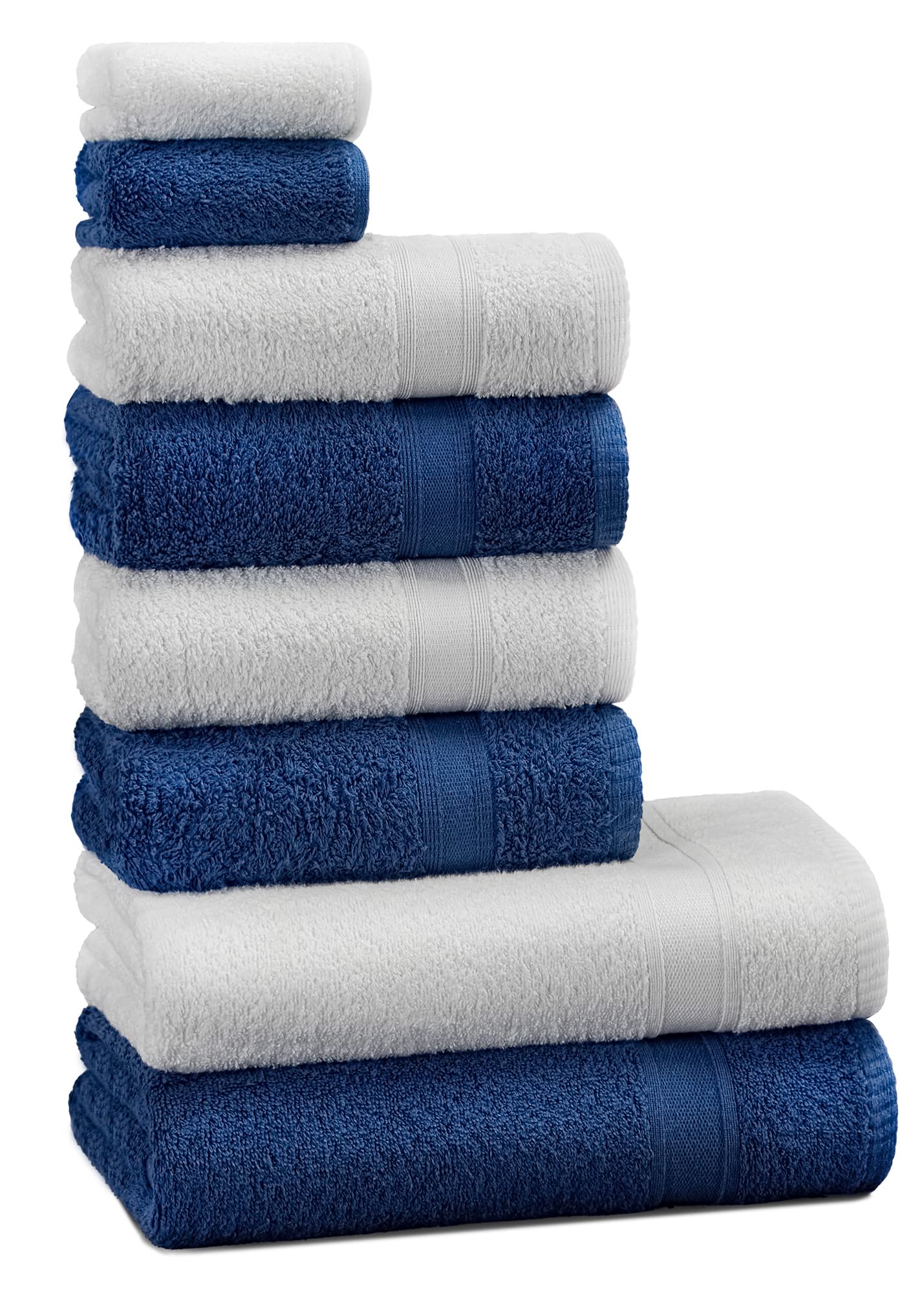 Tuiste Set Asciugamani Bagno Bianco (Bianchi) - Blu, Hotel, Cotone, 2 Telo Doccia 70x140cm + 4 Asciugamani 50x90cm + 2 Asciugamani Ospiti 30x50cm, Asciugamani Bagno Viso e Bidet, Morbidi, Assorbenti