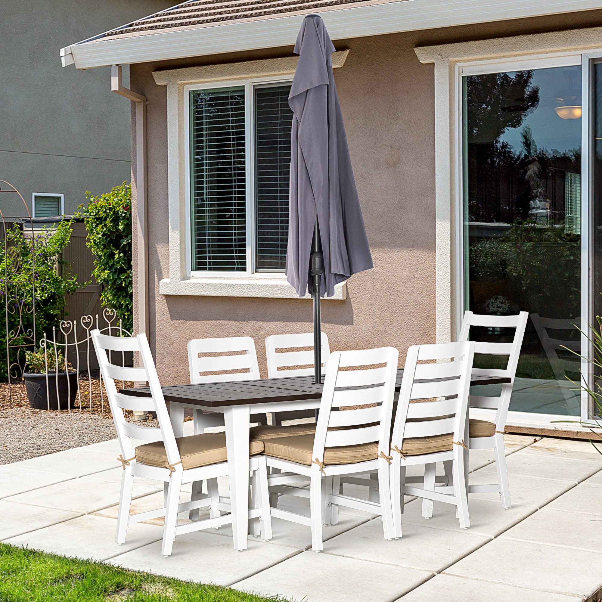 Juego de comedor de patio para 6, juego de muebles de exterior con mesa y sillas, cojines, agujero para sombrilla para jardín, patio trasero o junto a la piscina, beige 2