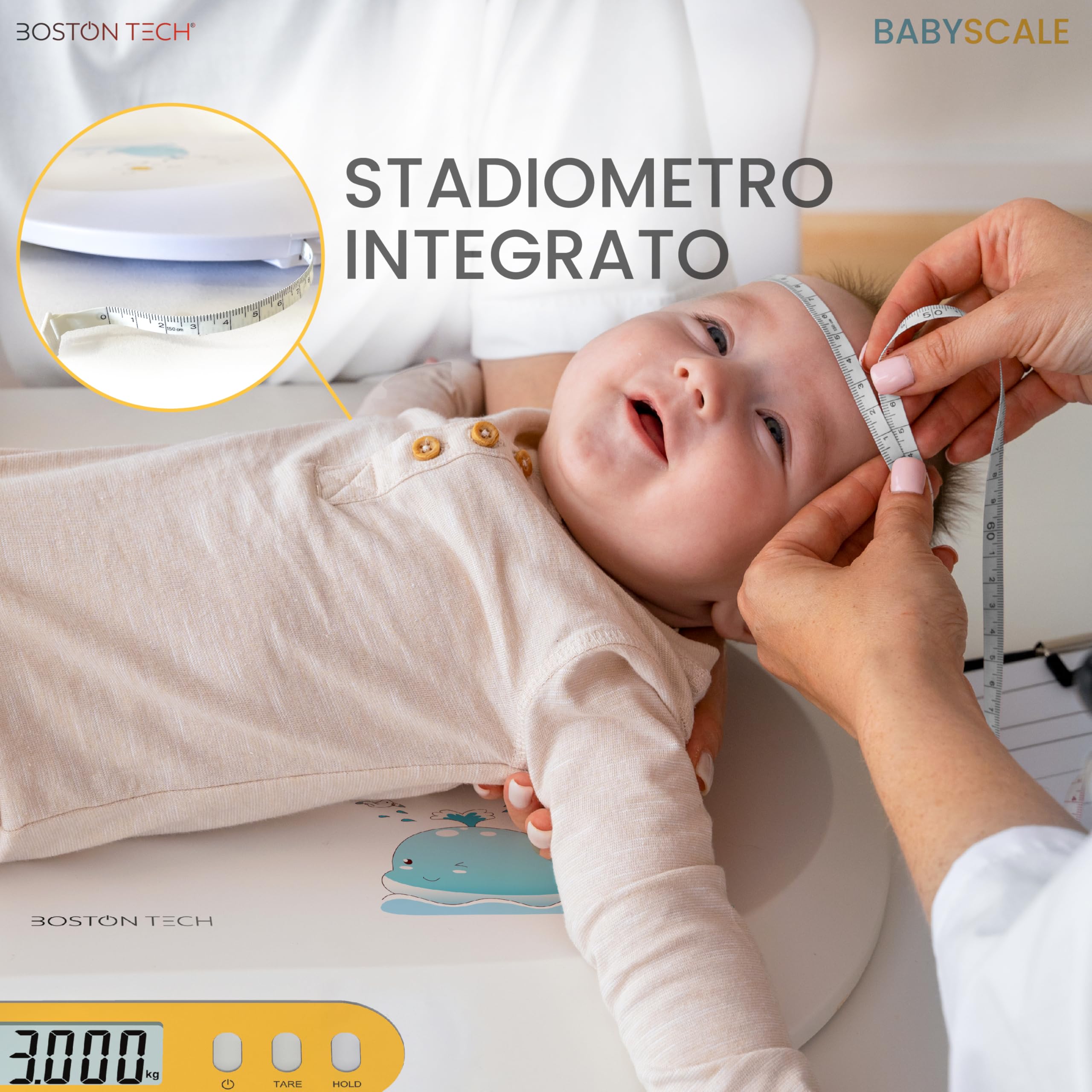 Bilancia Digitale per Neonati e Bambini Boston Tech BA104 con Stadiometro Integrato – Precisione 5g, Funzione TARA e HOLD, Display LCD Retroilluminato, Portata 20 kg, Batterie Incluse