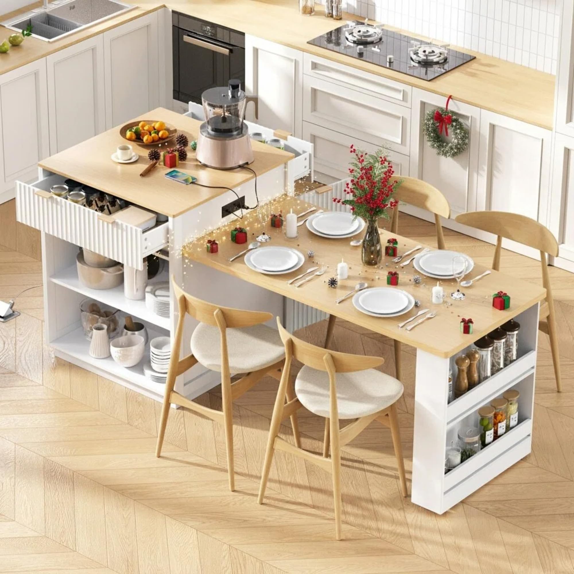 Trygoal 82.6" Fluted Kitchen Island with Extendable Dining Table for 4-6, Kitchen Storage Islands with Power Outlet, Storage Islands Cart with