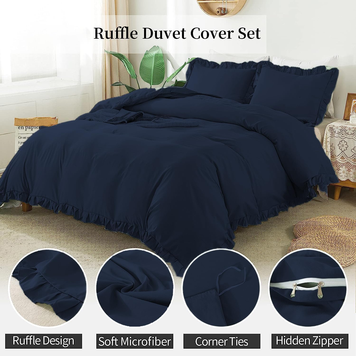 BedDecor 100% Egyptian Cotton Ruffle Trim Fringe Duvet Cover Set: Elegance with a Delicate Touch |Full/Queen, Navy Blue