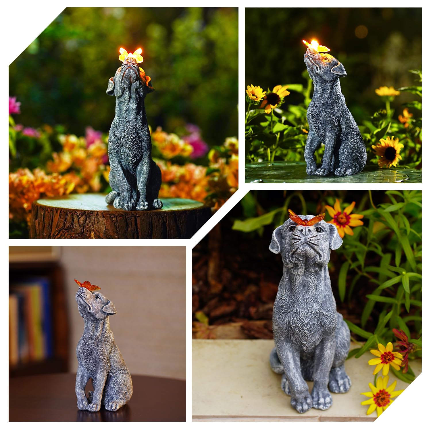 Yeomoo Figurines de chien avec papillon Décoration solaire extérieure : chiens drôles Décoration de jardin cadeau pour femmes et hommes, notamment maman, anniversaire étanche
