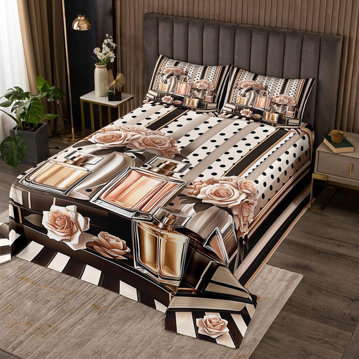 Erosebridal Luxury Floral Coverlet Set Queen Modern Black Grey Stripe Dots Bedspread Chic Rose Books Girly Room Decor Quilt Set for Kids Adults,Romantic Perfume Makeup Themed Bedding Quilted