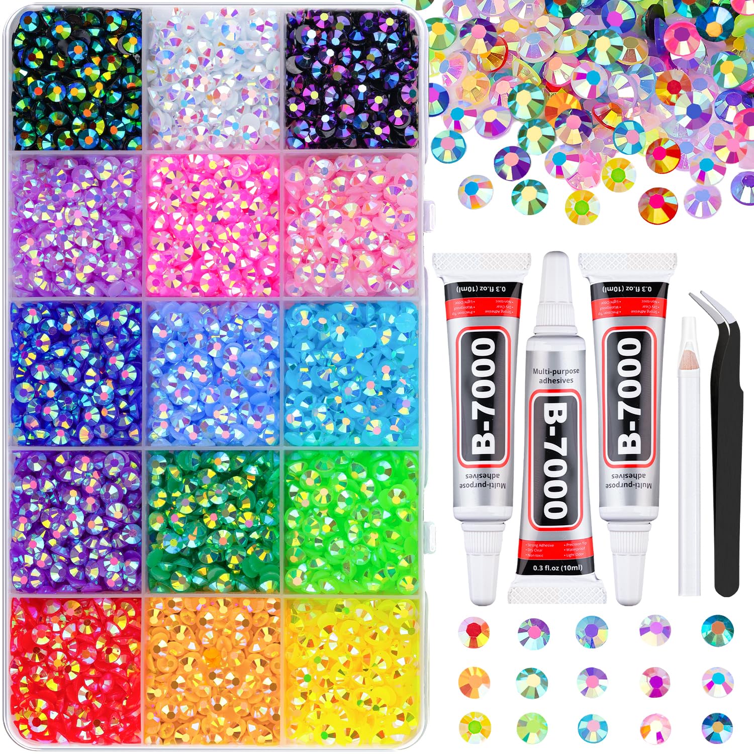 5200Pcs Resin Jelly Rhinestones for Crafting, Mixed-Color 5mm Flatback Gems, Bedazzling Crystal with 3Pcs 10ml B7000 Jewelry Glue for DIY Crafts Clothing Tumblers Shoes Nail Art