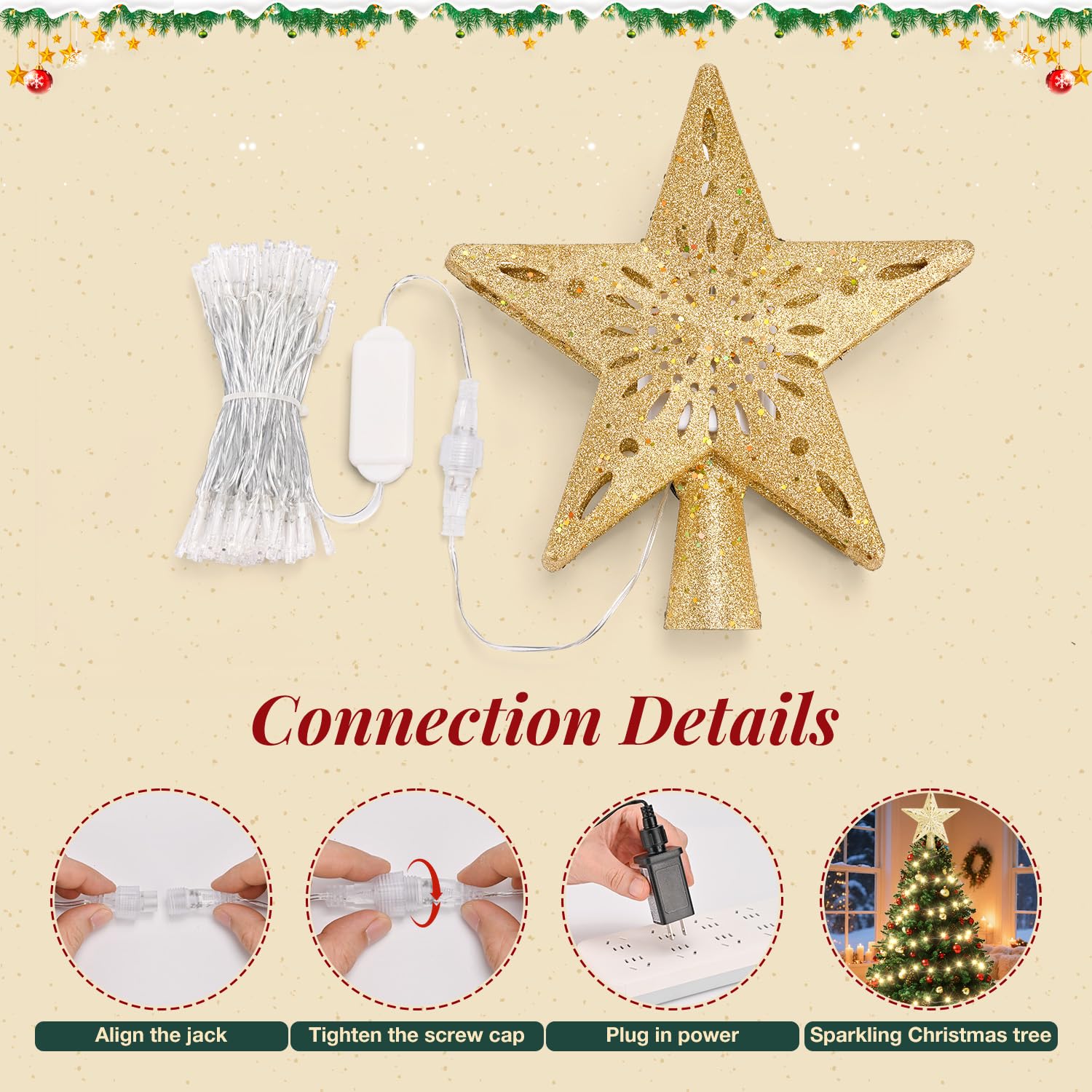 Cimier de sapin de Noël éclairé avec guirlande lumineuse chaude de 10 m - Décoration de sapin de Noël avec projecteur rotatif 3D - Pour intérieur ou extérieur - Pour fête de Noël - Doré