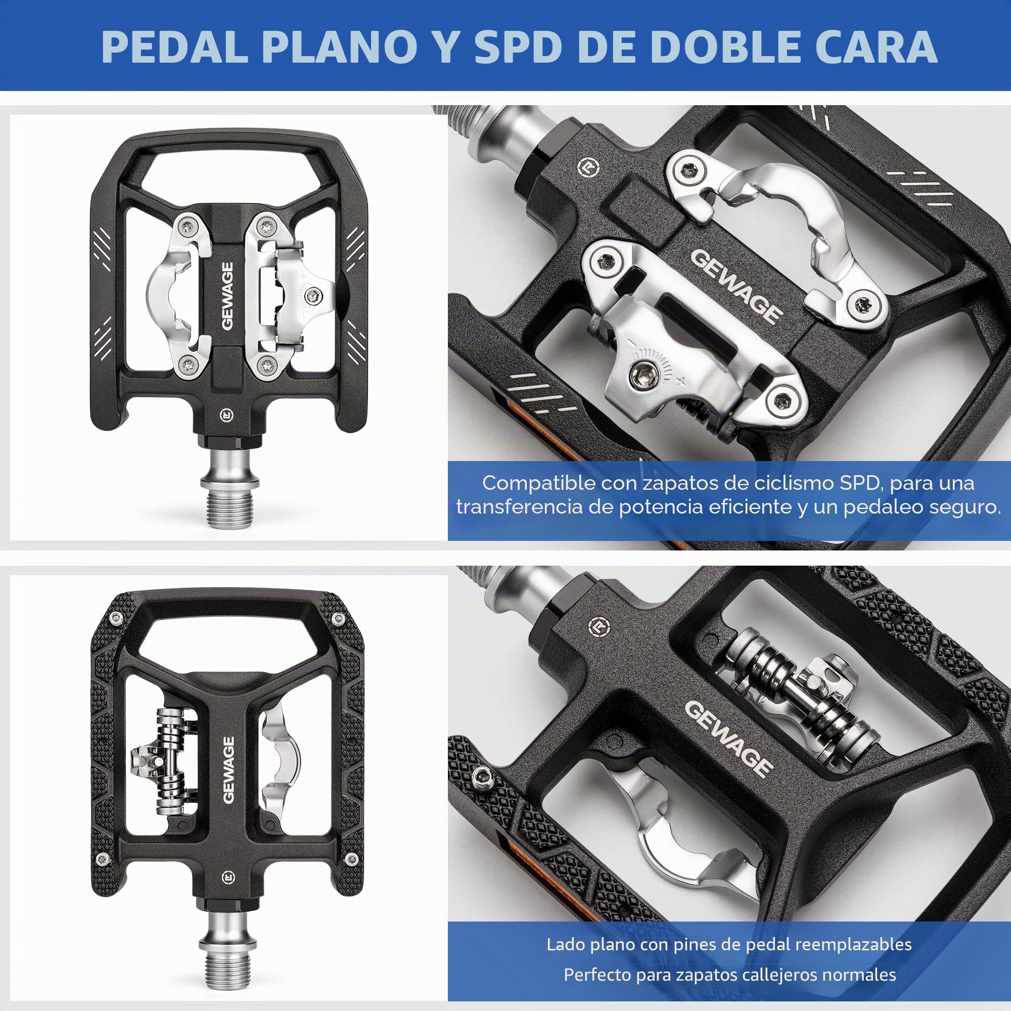 GEWAGE Pedales Bicicleta 2 en 1 SPD/Plataforma – Cuerpo de Aluminio CNC, Tensión Ajustable, Eje Chromoly, Pines Antideslizantes, Incluye 2 Calas SH51, para MTB, Trekking y Bikepacking
