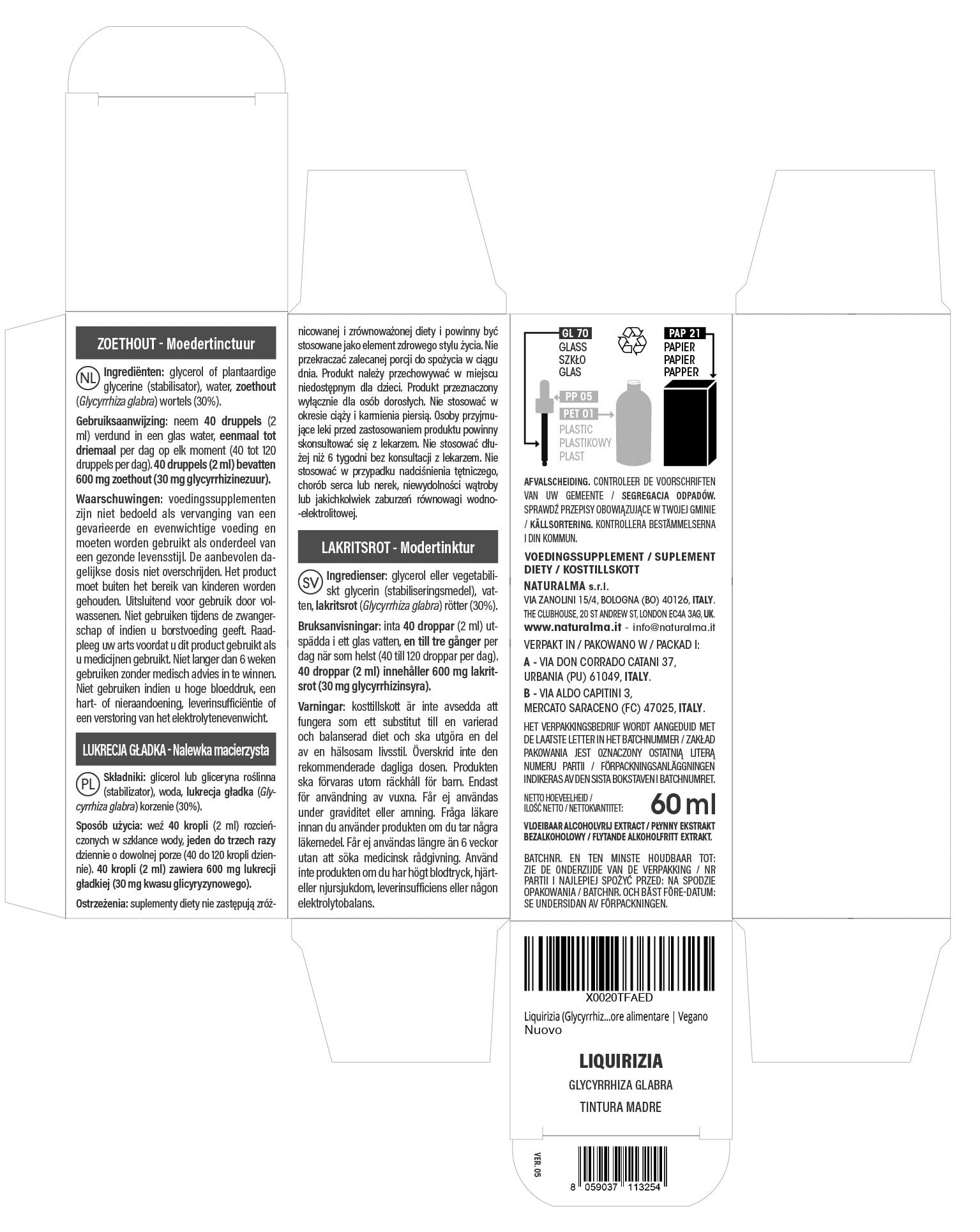 Liquirizia (Glycyrrhiza glabra) radici Tintura Madre analcoolica Naturalma - Estratto liquido gocce 60 ml - Integratore alimentare - Vegano