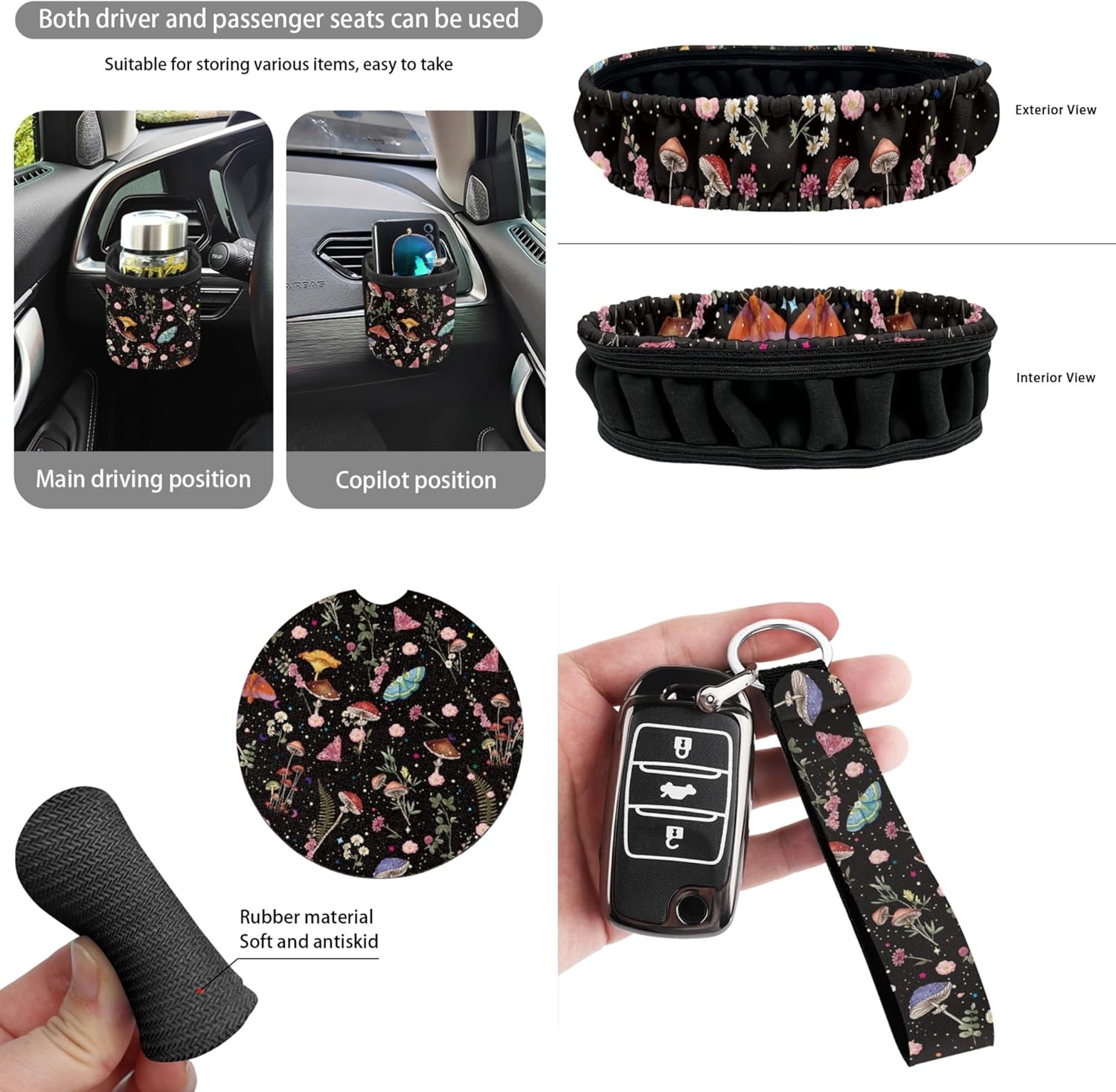 CLOHOMIN 15 Piece Car Seat Covers Full Set Mushroom Auto Steering Wheel Cover Butterfly Seat Belt Pads Coasters Trash Bin Hanging Storage Bag Cup Holders Rearview Mirror Cover Key Ring 15 PCS