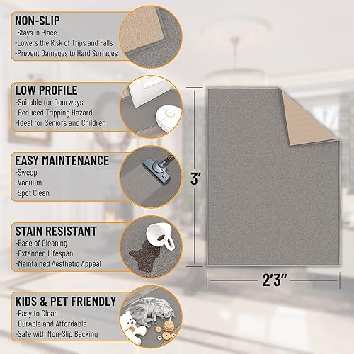 Miniatura 2 de Tapete unicolor y moderno con respaldo de goma antideslizante para entrada, cocina, habitación y baño, alfombra tradicional lavable a máquina, 2 x 3