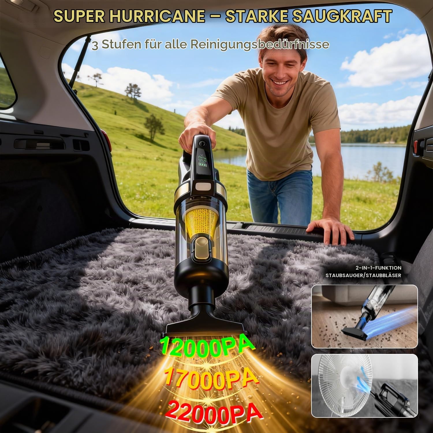 Handstaubsauger Akku, 4-in-1 Autostaubsauger Tragbarer Staubsauger Kabellos 22000Pa Auto Staubsauger Stark, Bürstenloser Motor, Mini Staubsauger für Tierhaare, Auto, Haushalt