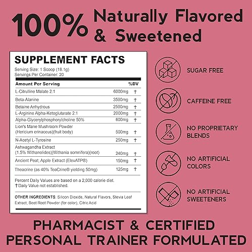 Miniatura 2 de THENTIC Preentrenamiento sin cafeína, con sabor natural y endulzado nootrópico, suplemento para preentrenamiento, enfoque láser, energía, fuerza,