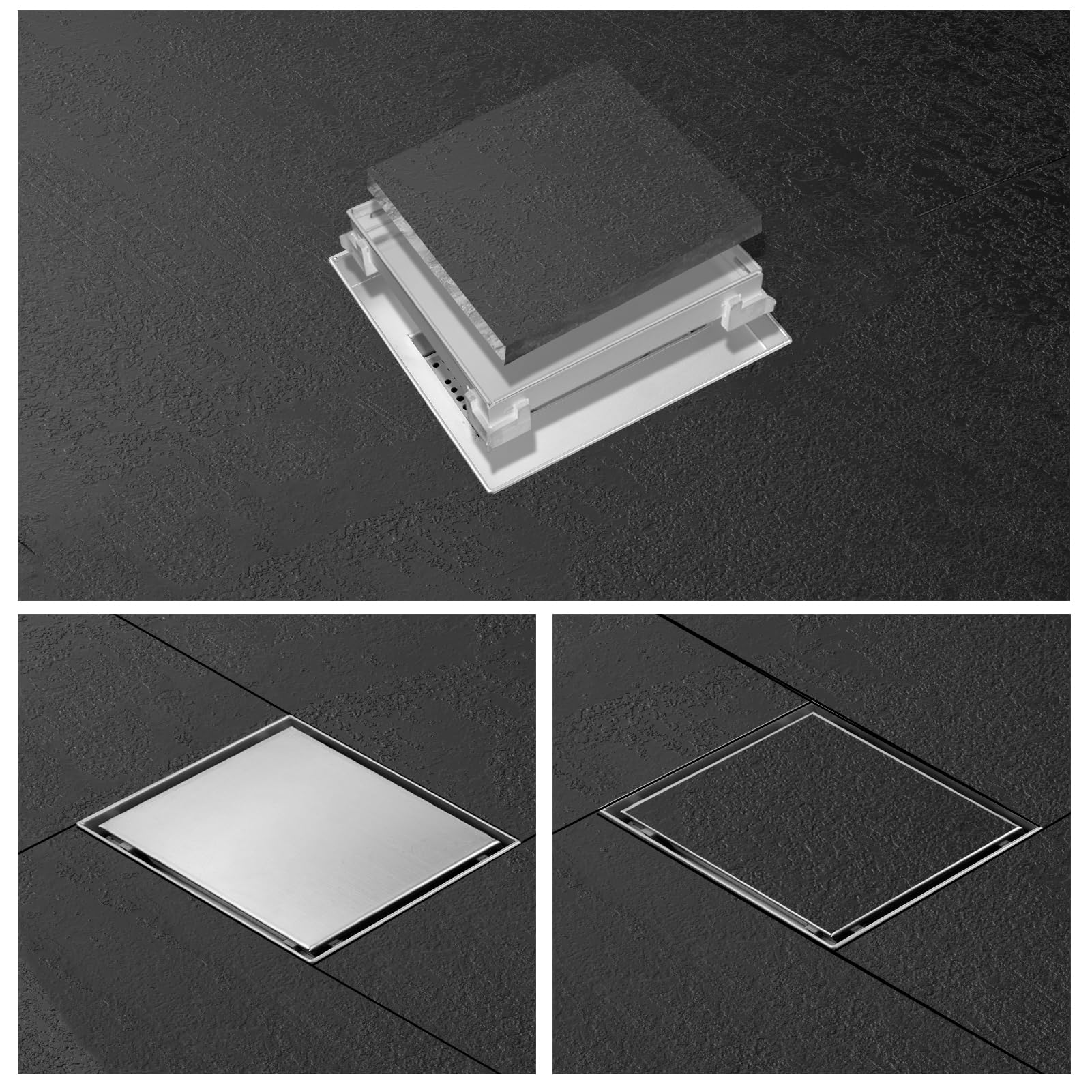 Canalina per Doccia Quadrata 15 x 15 cm 2 in 1 Inox Scarico Doccia | Filtro Antiodore e Filtro per Capelli,Canalina Doccia Filo Pavimento,Inseribile Piastrelle,Scarico Rapido,Facile da Pulire