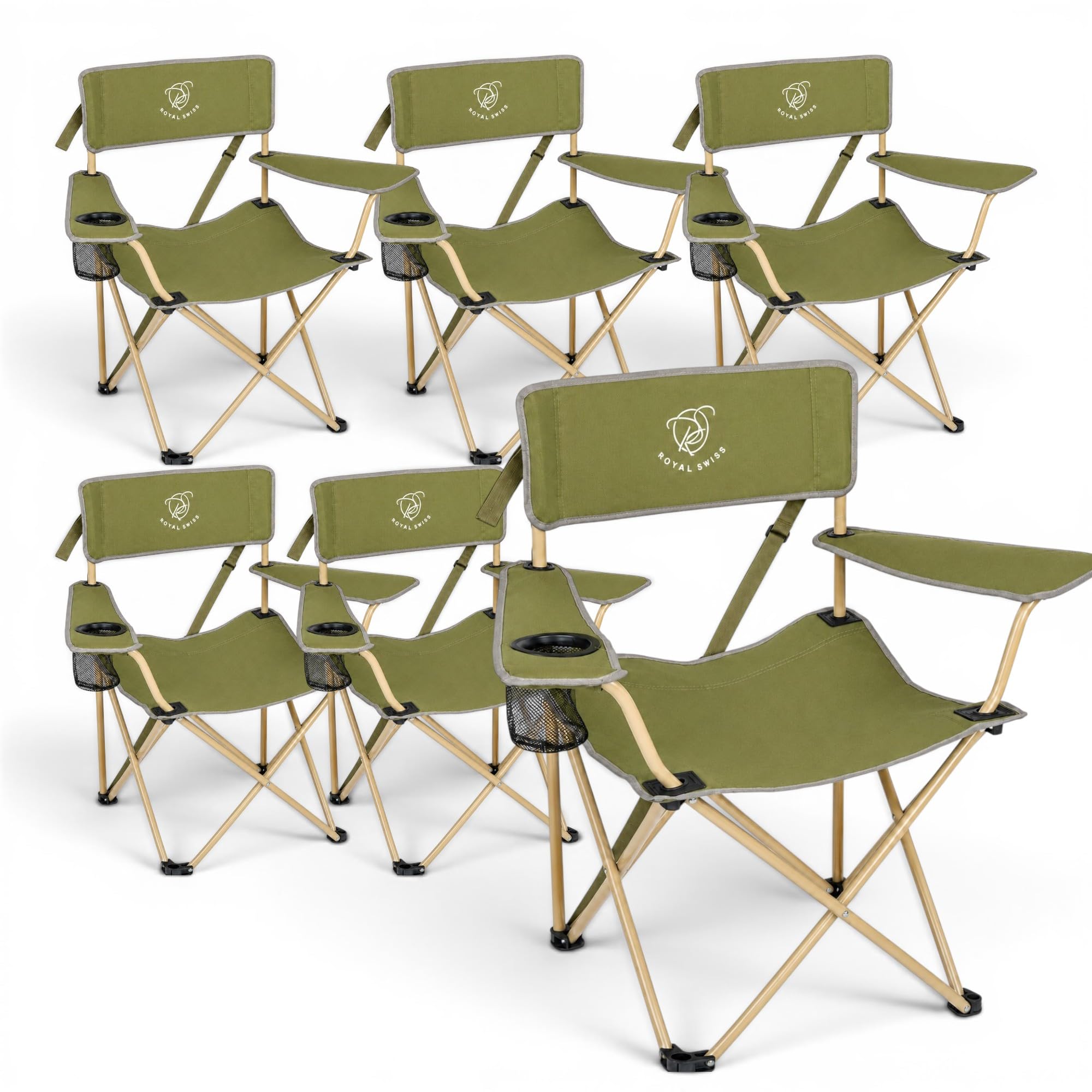 ROYAL SWISS 6 Stück Campingstuhl klappbar mit Getränkehalter & Tragetasche – Leichter Faltstuhl für Erwachsene, Camping, Angeln, Festival, Picknick, Strand und Sportevents
