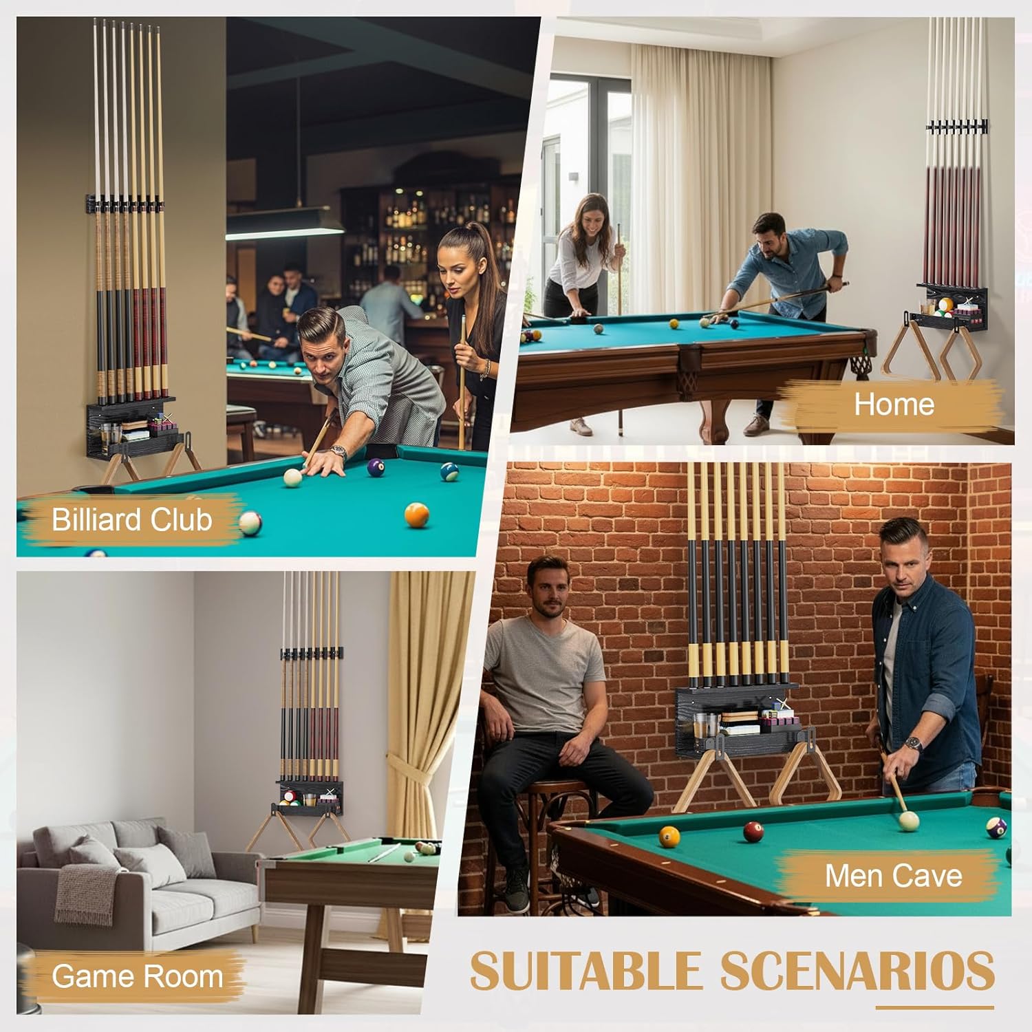 Large Pool Stick Holder Wall Mount, Pool Cue Set Holder for 8 Cues Sticks Storage Pool Table Accessories Equipment Organizer, Cue Rack Billiards Accessories for Game Room Bars Clubs Billiard Players