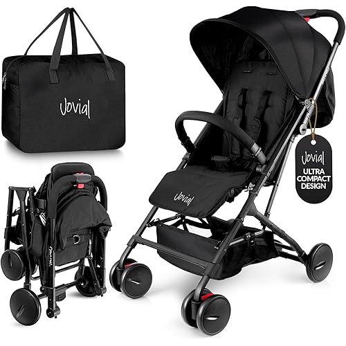 Jovial Lightweight Baby Stroller, Folding Travel Stroller with Reclining Seat, Canopy, 5-Point Safety Harness, Storage Basket, Smooth Wheels, Compact Portable Design (39.8" x 18.7" x 32.3")