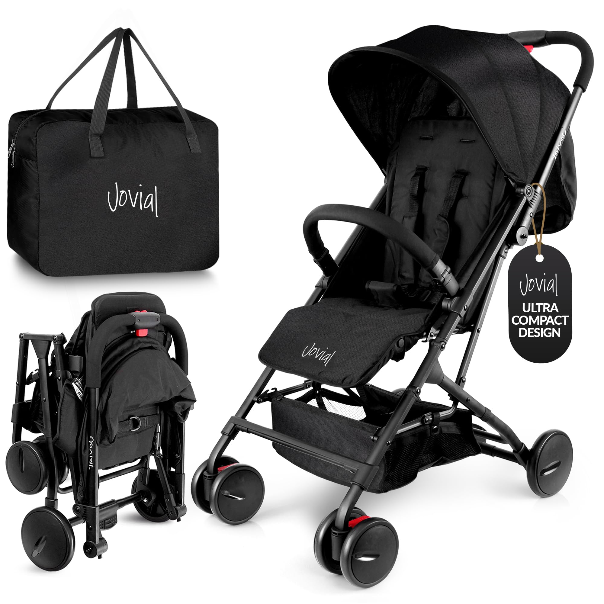 JOVIALLightweight Baby Stroller, Folding Travel Stroller with Reclining Seat, Canopy, 5-Point Safety Harness, Storage Basket, Smooth Wheels, Compact Portable Design (39.8" x 18.7" x 32.3")