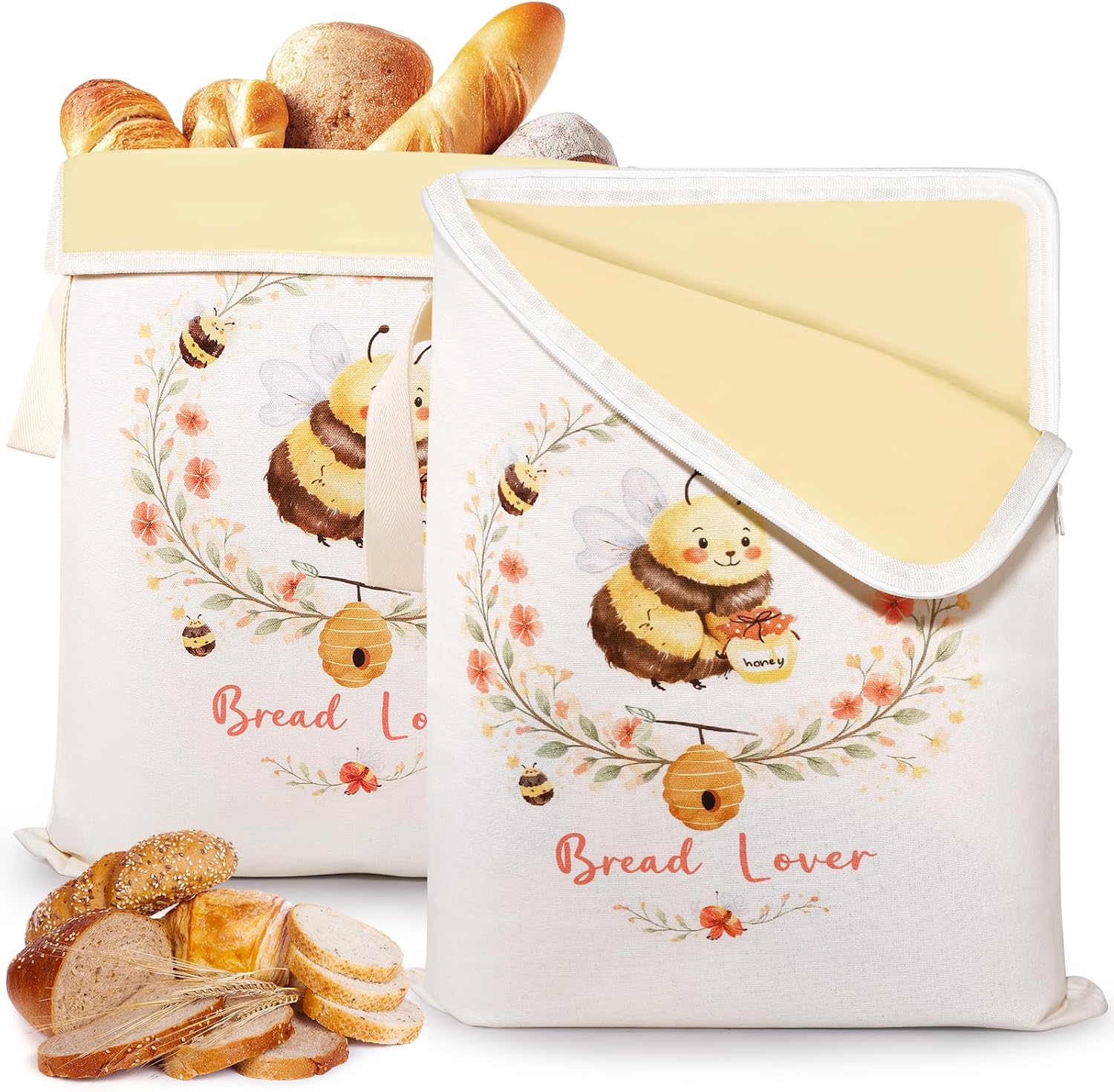 2 Pack Reusable Beeswax Bread Bags for Sourdough & Homemade Bread, 17" x 13" Organic Canvas Bread Storage Bags, Beeswax Lined & Plastic Free with L-Shaped Zipper Closure to Keep Bread Fresh Longer