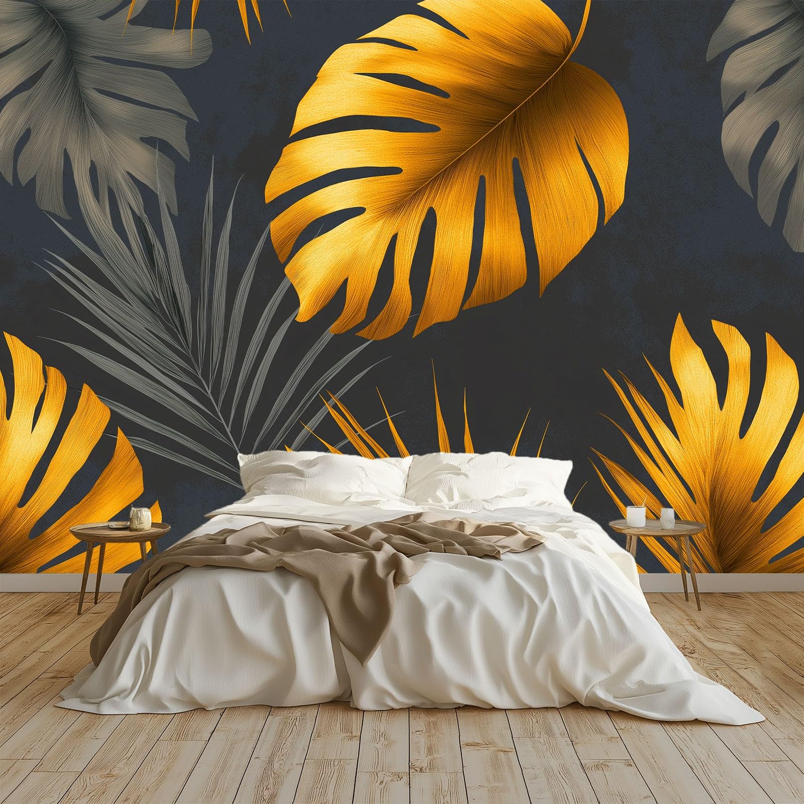Tapeta panoramiczna, plakat 350 x 256 cm (szer. x wys.), tapeta z włókniny, dekoracja ścienna, minimalistyczny, botaniczny, złota monstera – dla dziewcząt, chłopców, do sypialni i salonu (ciemnoszara)