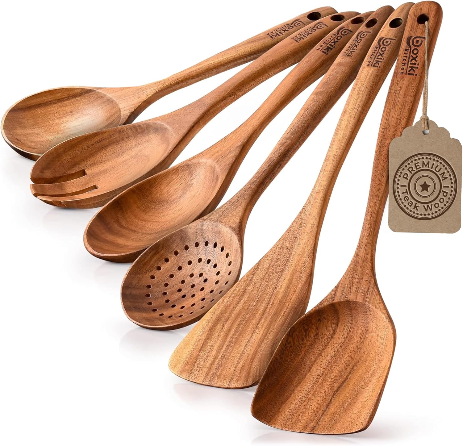 Boxiki Kitchen Luxury Teak Wood Utensil Set – Elegant 6-Piece Cooking Ensemble Including Spoons, Server, Scraper & Spatula – Expertly Crafted for Culinary Excellence Boxiki Kitchen Luxury Teak Wood Utensil Set – Elegant 6-Piece Cooking Ensemble Including Spoons, Server, Scraper & Spatula – Expertly Crafted for Culinary Excellence