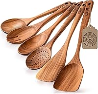 Vista 1 de Boxiki Kitchen Juego de 6 cucharas de madera para cocinar, juego de utensilios de madera de teca con acabado duradero y liso, cucharas