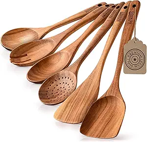 Boxiki Kitchen Luxury Teak Wood Utensil Set - Elegant 6-Piece Cooking Ensemble Including Spoons, Server, Scraper & Spatula - Expertly Crafted for Culinary Excellence