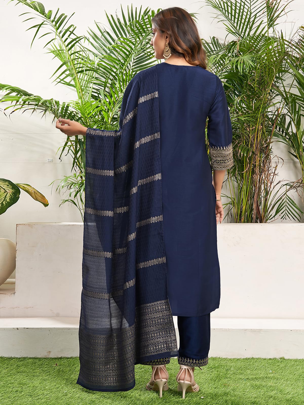 Sanisa Women's Chinnon Sequence And Embroidery Work Straight Kurta With Pant And Dupatta Set (195Kbd2075N-S_Royal Blue)